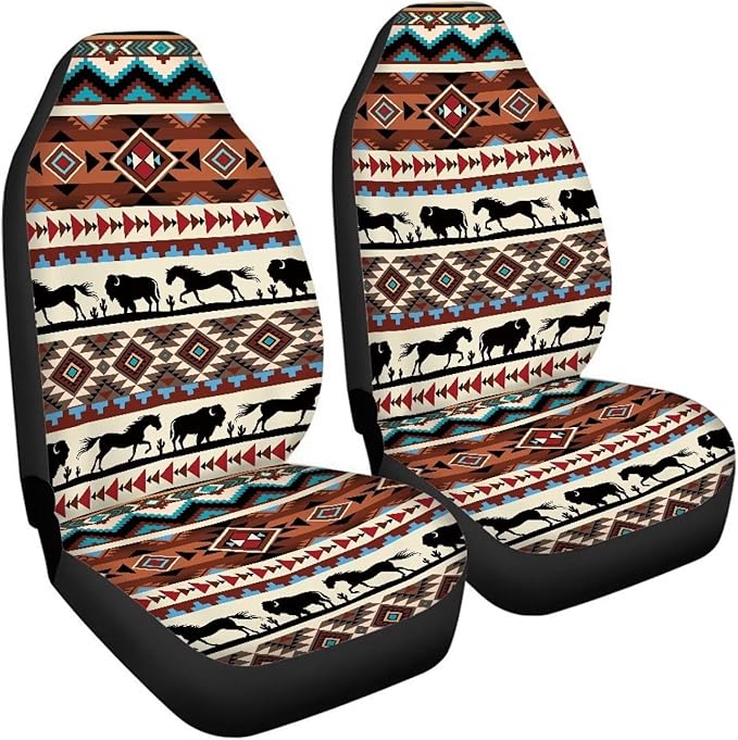 ELEQIN Aztec Horse Yak Car Seat Covers, Front Car Seat Cushion, 2 PCS Canvas Auto Cushion Protector Universal Fit Most Cars, Automotive Interior Decor