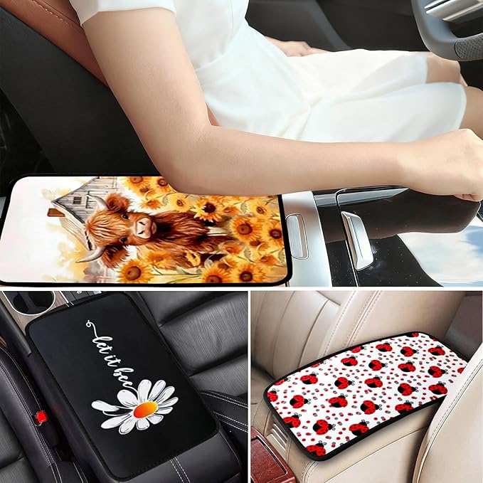 Leopard Sunflowers Vehicle Center Console Armrest Cover Pad,Leopard Sunflower Car Accessories Middle Console Cushion Pad,Arm Rest Mat Decor Sunflowers Gifts for Women for Most Vehicle SUV Truck