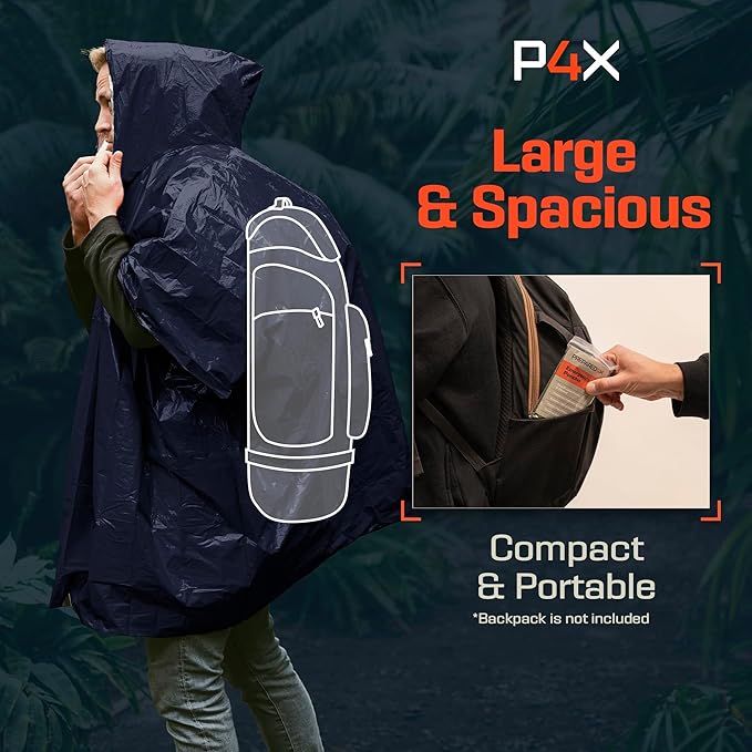 PREPARED4X Emergency Mylar Poncho – Survival Rain Poncho with Hood – Lightweight, Compact, Reusable Emergency Blanket Poncho for Hiking, Camping, Thermal Gear, Car Kit, Outdoors