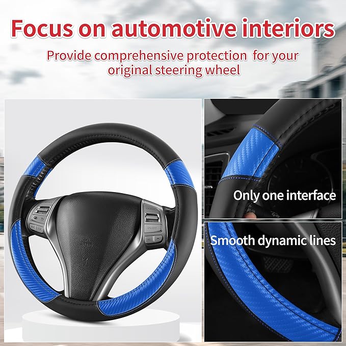 Non-Slip Car Nappa Leather Steering Wheel Cover,Universal Car Accessories Women Men Fit 14" 1/2-15" Suvs/Vans/Sedans/Cars/Trucks,Blue