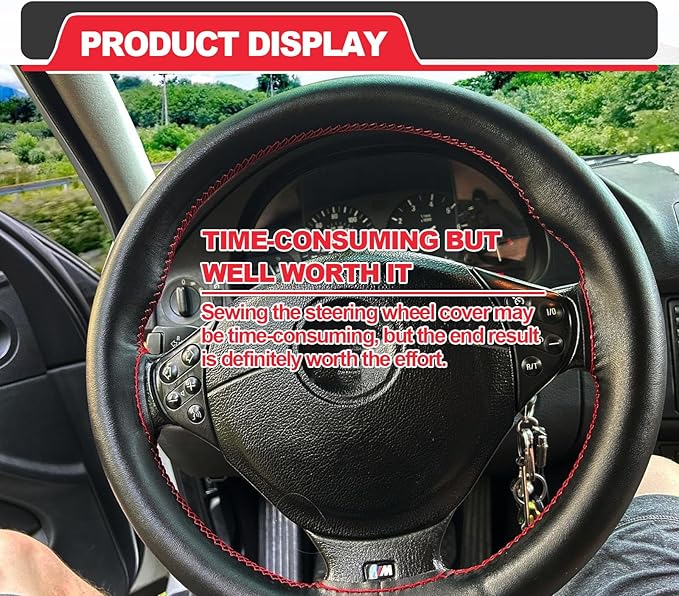 Direct Genuine PU Leather Steering Wheel Cover, 15 Inch Non-Slip Breathable/Soft and Comfortable Feeling, Genuine PU Leather Stitch On Wrap for Car Truck SUV - DIY Sewing with Needle Thread (red)