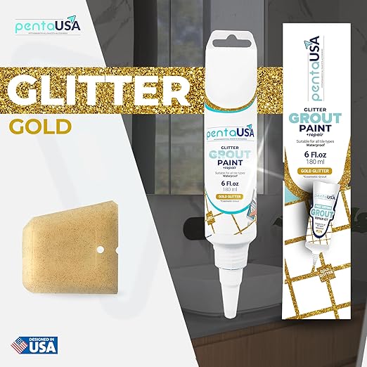 PentaUSA Tile Grout - Glitter Grout Tube, 6 Fl Oz Glitter Fast Drying Grout Paint, Shiny Grout Repair Kit - Renew Grout Lines in Bathroom, Kitchen, Countertops (180 ml, 6 Fl Oz) (Gold)