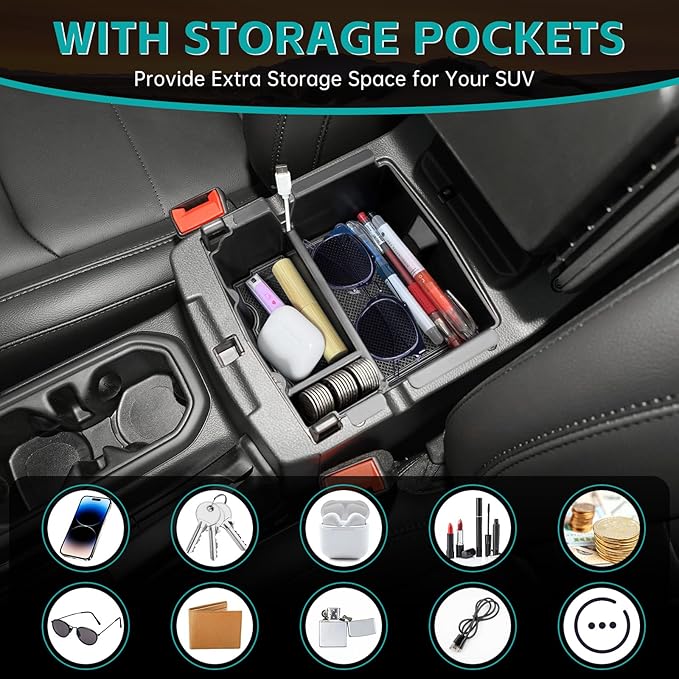 Center Console Organizer Compatible with 2018-2026 Jeep Wangler JL JLU 4xe Rubicon Sahara & 2020-2026 Gladiator JT Accessories, Armrest Storage Box Tray Fit for Jeep Interior Accessories