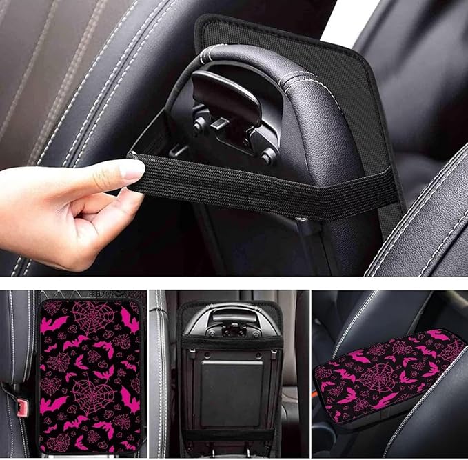 Dreaweet Purple Center Console Armrest Pad Cover Goth Car Accessories Interior Middle Console Cover Anti-Scratch Comfort Car Armrest Storage Box Mat,Love Heart Spider Web and Bats Decor