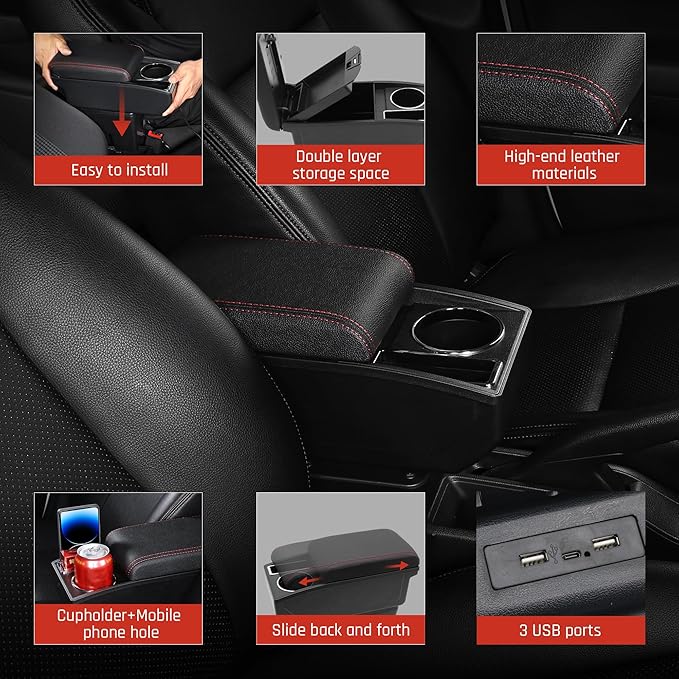 YJYWZH Armrest Box for Hyundai Accent Verna Accessories 2017-2020 Armrest for Car Center Console Organizer Double Layer Storage Space with 3 USB Ports, Red Thread