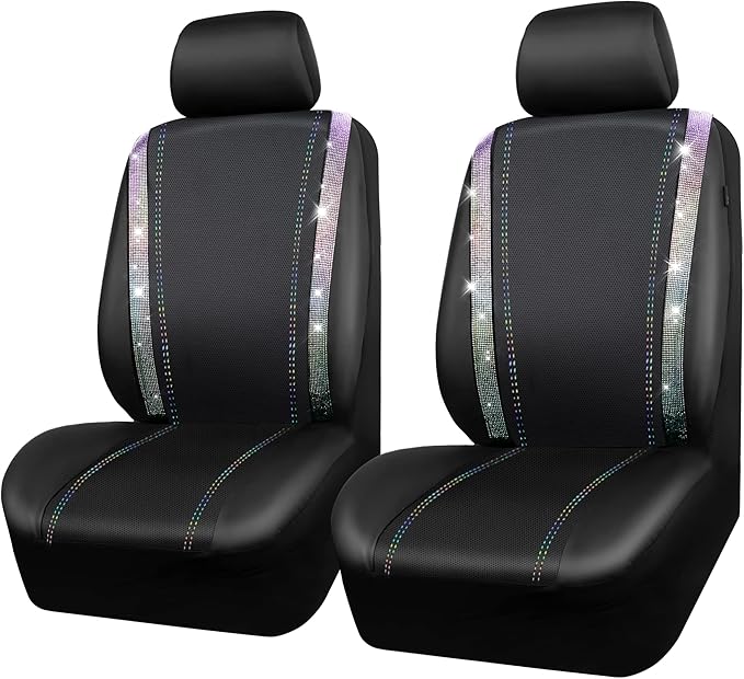 CAR PASS Leather Bling Diamond Car Seat Covers 2 Front Interior Sets, Waterproof Universal Shining Glitter Crystal Sparkle Fit for 95% Auto Truck SUV Cute Women Girl, Black Multicolor Rhinestone