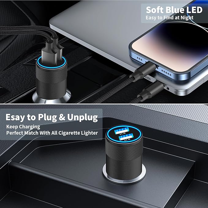 【MFi Certified】iPhone Car Charger Fast Charging, Rombica 4.8A Dual USB Smart Power Cigarette Lighter USB Car Charger with 2Pack Lightning Braided Cable for iPhone 14 13 12 11 Pro XS Mini XR X SE iPad