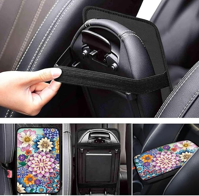 UNICEU Car Center Console Armrest Cover Pad for Women, Boho Flowers Bright Blossom Auto Interior Decor Neoprene Car Armrest Box Protector Cover