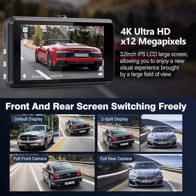 Miden S7 4K Dash Cam Front and Rear, 64G SD Card,2160P+1080P FHD Dual Dash Camera for Cars,176°+160° Wide Angle,3.2'' IPS Screen Dashcam,Loop Recording,G-Sensor,WDR,24H Parking Monitor,Night Vision