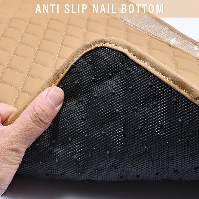 CAR PASS Bling Beige Leather Car Mats Shining Diamond Floor Mats Crystal Rhinestone Sparkly Glitter Carpet Anti-Slip Waterproof Pad Universal Fit for Automotive SUV, Sedan, Van, 5pcs Girl Women Beige