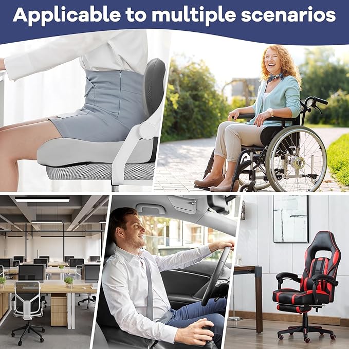 Ergonomic Seat Cushion for Office Chair & Car - Memory Foam Car Cushions for Driving with L-Shaped Design, Adjustable Strap, Non-Slip Bottom - Orthopedic Pad for Truck Driver (Grey)
