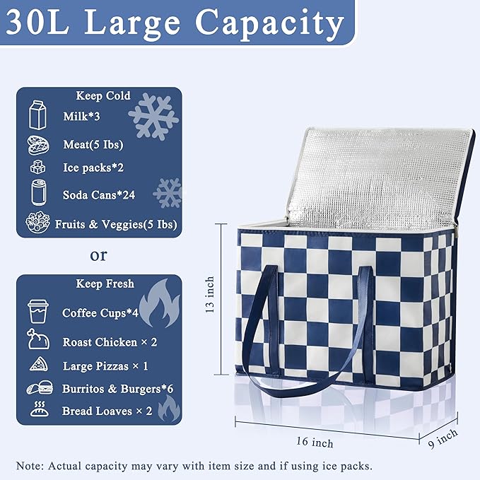 Checkered Insulated Grocery Bags 2 Pack, Checkerboard Cooler Shopping Bags for Groceries, Insulated Bags for Food Delivery