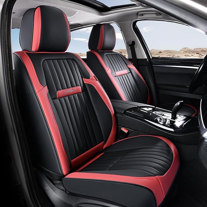 Coverado Car Seat Covers Full Set, Seat Covers for Cars, Car Seat Cover, Car Seat Protector, Leather Car Seat Cushion, Waterproof Car Seat Covers Front Seats and Back Fit for Most Cars(Red&Black)