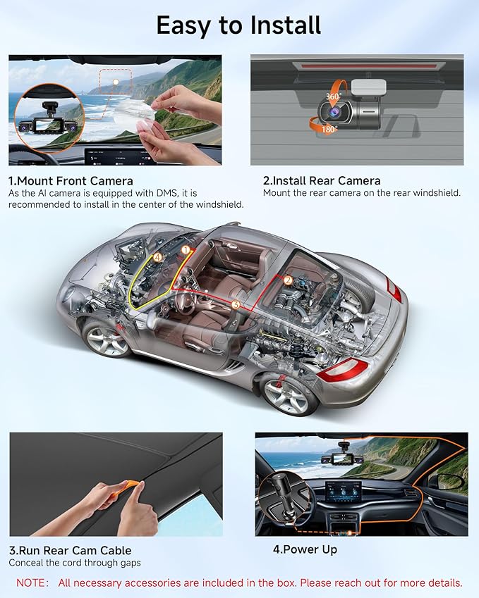 4K STARVIS 2 Dash Cam Front and Rear, 360° 4 Channel Dash Camera for Cars, Car Video Recorder with AI Driver Monitor System, Free 128GB Card, 5GHz WiFi GPS, WDR Night Vision HDR,24H Parking Mode(N900)