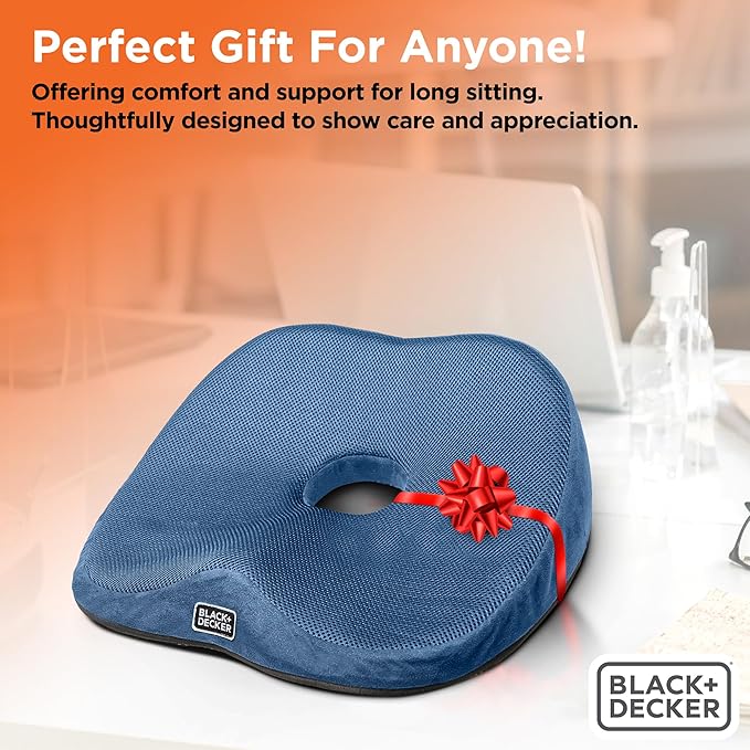 BLACK+DECKER High Back Tailbone Seat Cushion – Memory Foam Chair Cushion for Office, Car, Wheelchair & Airplane – Ergonomic, Non Slip, Breathable Mesh, Sciatic Pain Relief, Washable Cover, Blue