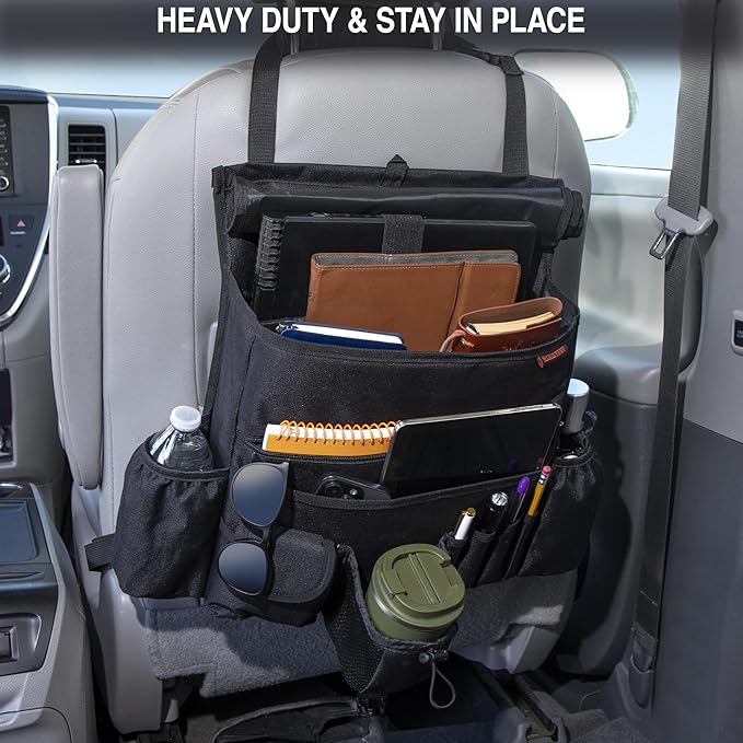 Front Seat Car Organizer with flap and buckle closure – Convertible into Shoulder Bag – Fits Front or Back of Seat – Heavy Duty Car Organizer for Rideshare and Truck drivers