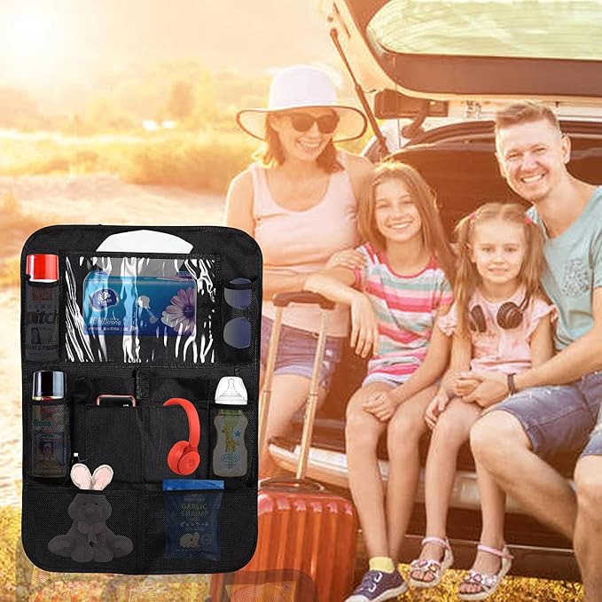 Ecurfu Backseat Car Organizer with 10 Compartments, 10 Inch Tablet Holder, Waterproof Storage Bag for Kids Cars - 600D Oxford Fabric, Black (1PC)