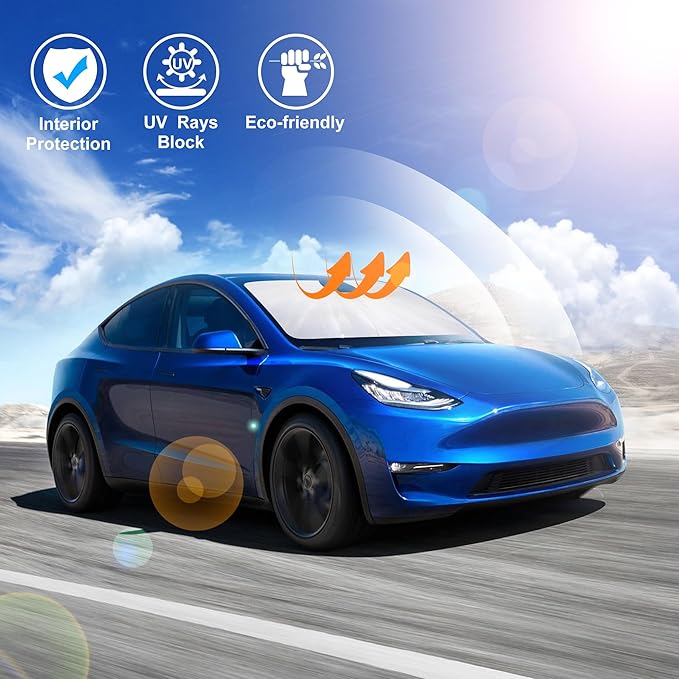 Windshield Sun Shade Custom Fit for 2017-2025 2026 Tesla Model Y Model 3 (Fit 2025 2026 Model Y Juniper/2024 Model 3 Highland) Accessories Foldable Front Window Sunshade Shield Blocker Keeps Car Cool