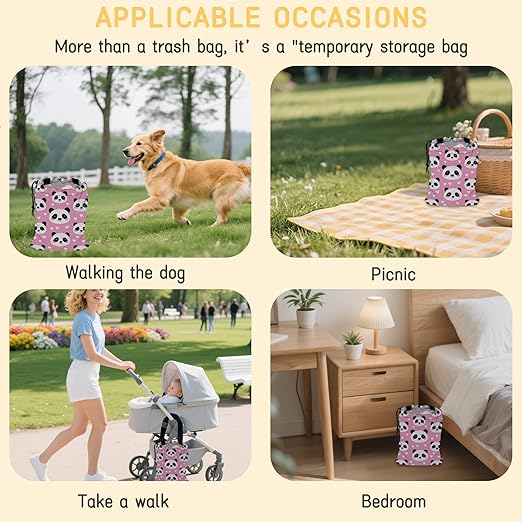 Cute Panda Car Trash Bag, Strap Drawstring Car Garbage Bags,Car Back Seat Organizer with Adjustable Buckle for Car Accessories