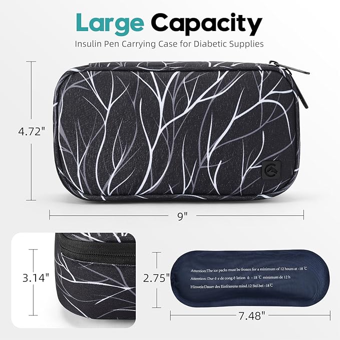 ALLCAMP Insulin Cooler Travel Case Diabetic Medication Cooler with 4 Ice Pack - Medical Cooler Bag Portable and Reusable Black White(9X 4.72x 3.14 inches)