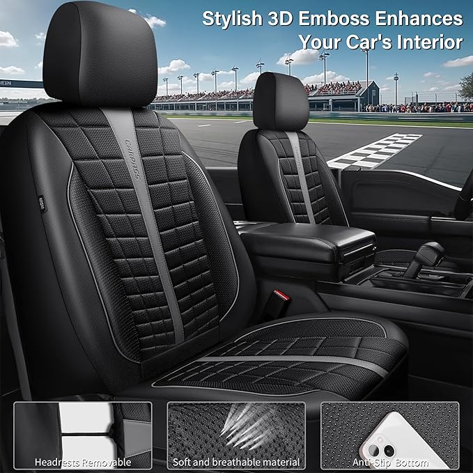 CAR PASS 3D Air Mesh Seat Covers for Car, Leather Car Seat Cover Front Seats, Breathable Foam Premium Leather Mesh Front Seat Covers Universal Fit for Cars Sedans Trucks Vans SUVs, Black Gray