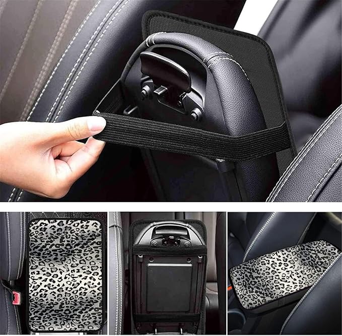 Dreaweet Grey Leopard Printed Universal Auto Center Console Lid Pad, Soft Comfy Car Armrest Seat Box Protector Fit for Most Standard Size Vehicle Interior Accessories