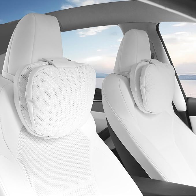 Car Headrest Pillow for Driving, Dual-Sided Leather Design Neck Pillow, Breathable Softness Neck Support, Universal Fit Head Rest Travel Pillow, White, 2 Pack
