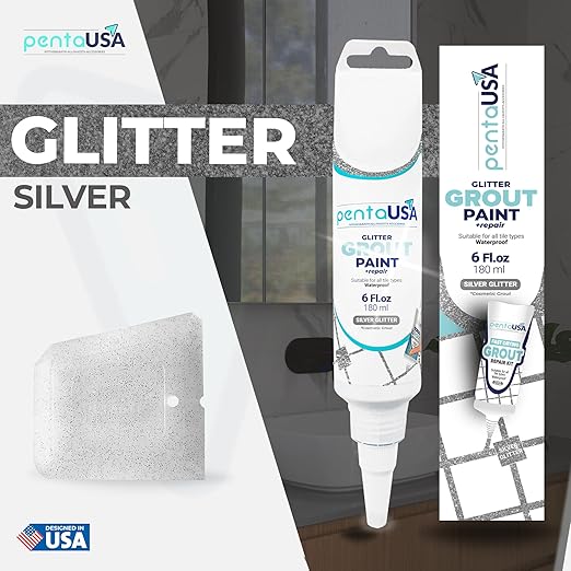 PentaUSA Tile Grout - Glitter Grout Tube, 6 Fl Oz Glitter Fast Drying Grout Paint, Shiny Grout Repair Kit - Renew Grout Lines in Bathroom, Kitchen, Countertops (180 ml, 6 Fl Oz) (Silver)
