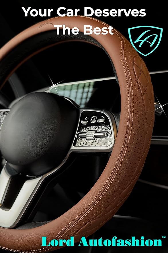 Lord Autofashion Steering Wheel Cover – PU Leather, Non-Slip Rubber Inner, All-Season Comfort – 14.5–15 Inch (Tan 9366)