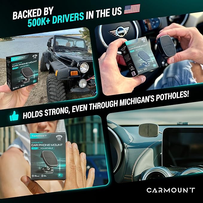 CARMOUNT F2 Adjustable Car Mount | 2.0 Magnetic Phone Mount, Dashboard Phone Holder for Car, 6X N52 Magnets, 360° Rotation & Tilt, Universal Dash Mount for All Cell Phones