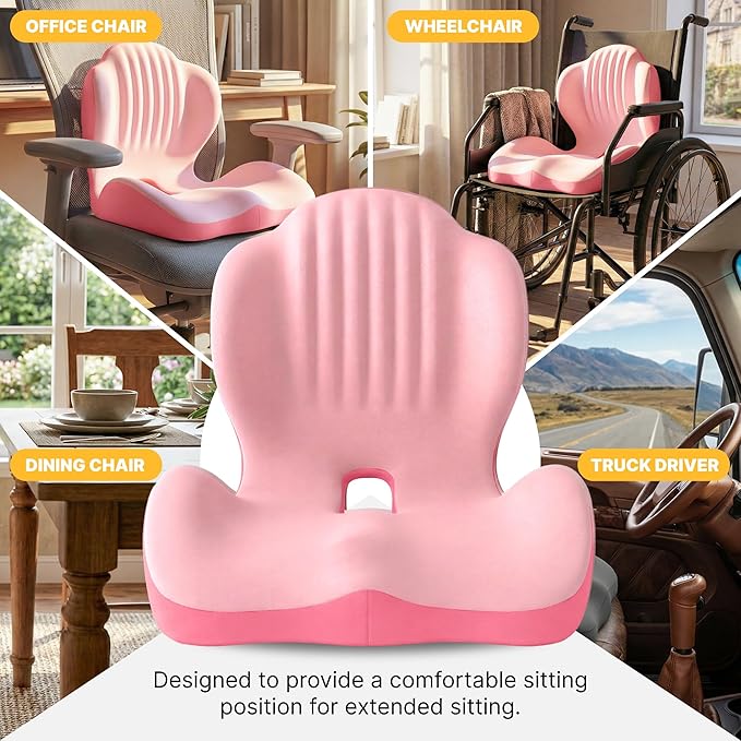 Ergonomic Seat Cushion, Office Chair Seat Cushions with L-Shaped Integrated Design, Memory Foam Orthopedic Cushion with Coccyx Hollow, Lumbar Support & Tailbone Pain Relief for Long Sitting (Pink)
