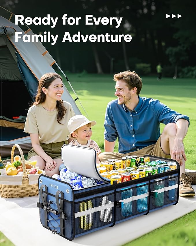 HOTOR Trunk Organizer - 3-Compartment Car Organizer and Storage with Cooler Bag, Foldable Car Storage Organizer for SUV with Handles & Strap for Shopping, Picnic, 33.1" x 13.0" x 11.8", Blue