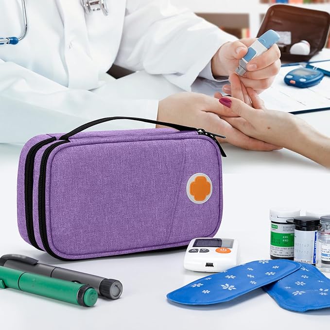 CURMIO Insulated Insulin Cooler Travel Case, Double Layer Diabetic Supplies Storage Bag with Detachable Pouches for Diabetic Medication and Ice Packs, Purple, Empty Bag Only