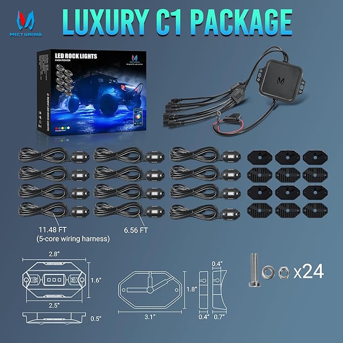 MICTUNING C1 12 Pods RGBW Rock Lights - Multicolor Underglow Neon Light Kit with Bluetooth Controller, APP Control, IP68 Waterproof