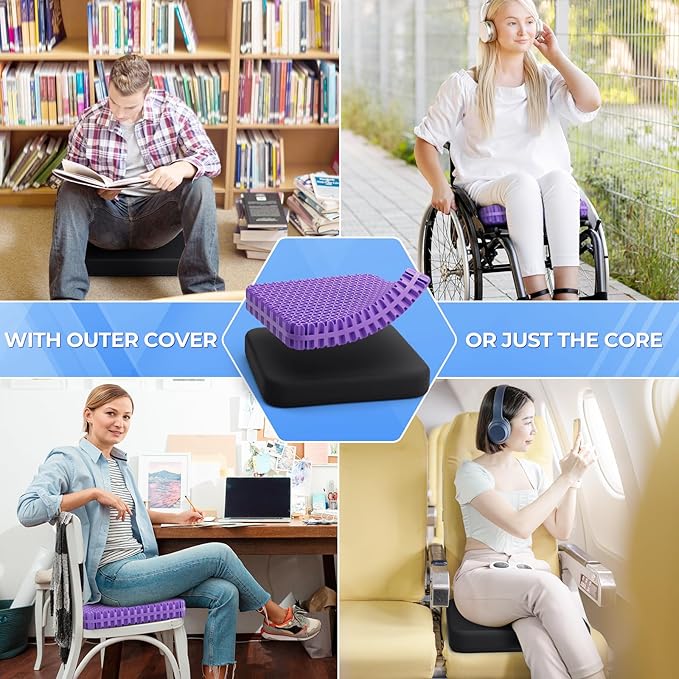 TushGuard Gel Seat Cushion for Long Sitting, Enlarged & Thickened Patent Design, Breathable Cooling for Office Chair, Soft Car Seat Cushion for Wheelchair (Standard, Black)