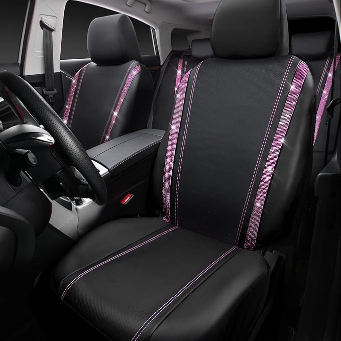CAR PASS Bling Diamond Car Seat Covers Full Set, Shining Rhinestone Waterproof Faux Leather, Rear with Zipper, Universal Fit Automotive Glitter Crystal Sparkle Strips for Women Girl, Black Pink