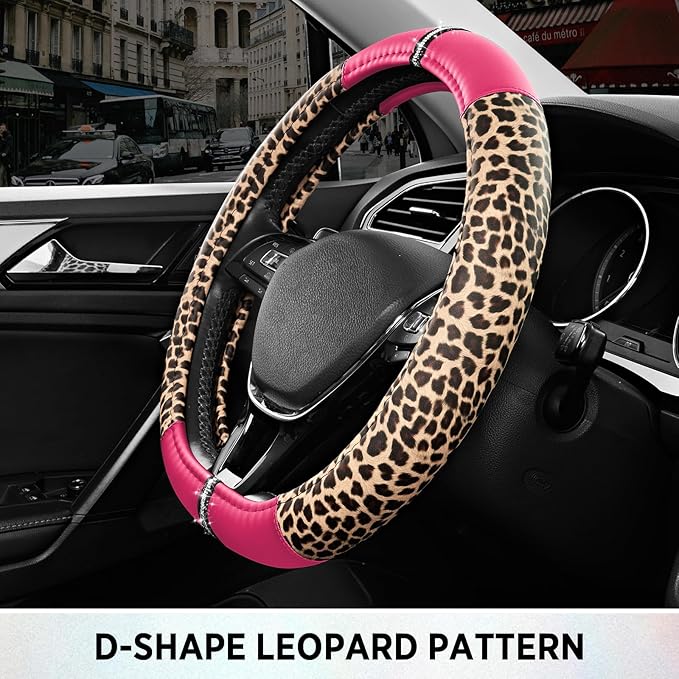 Road Comforts Leopard Steering Wheel Cover - Made with PVC Leather Cheetah Print, D-Shaped Automotive Steering Wheels - Anti-Slip, Universal Fit 14 1/2 inches to 15 inches - HotPink