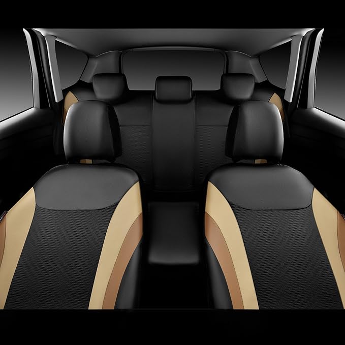 CAR PASS Line Rider Leather Car Seat Covers Sporty Car Seat Covers Full Set,5mm Composite Sponge,Airbag Compatible,Universal Fit 95% Automotive SUV Sedan(Black Beige)