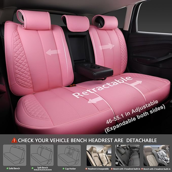 CAR PASS Nappa Pink PU Leather Car Seat Covers Full Set Cute for Women Waterproof Cushioned,Universal Fit for Sedan SUV Pick-up Truck,Automotive, Anti-Slip Front and Backseat Luxury Premium (Pink)