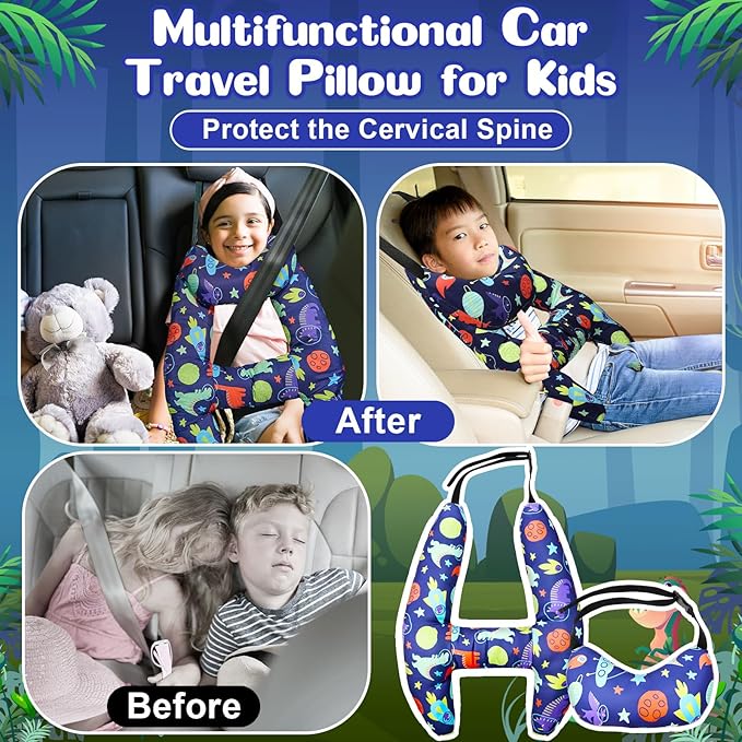 Chunful H-Shape Car Seat Pillow for Kids Car Travel Pillow for Kid Children Vehicle Sleeping Head Support Back Seat Adjustable Head Neck and Shoulder Support for Long Trips Sleeping(Dinosaur)