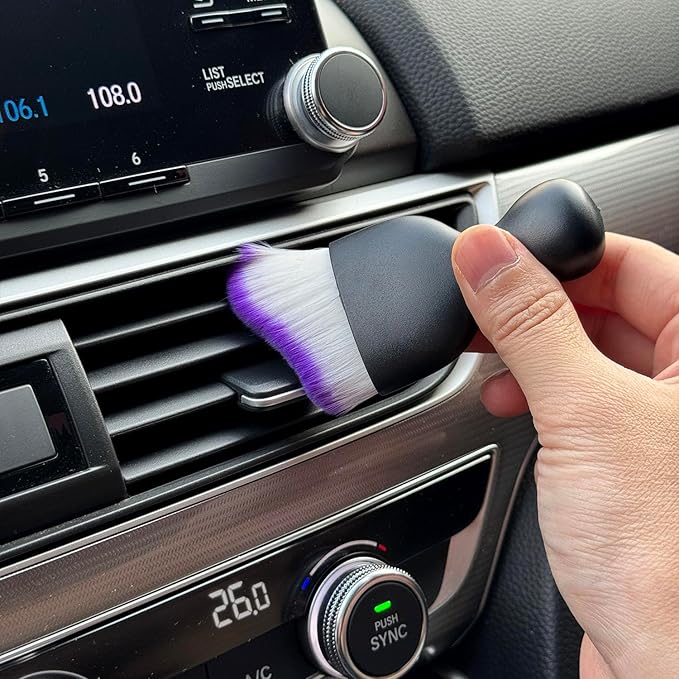Car Detailing Brush, Soft Bristle Cleaning Brush, Scratch-Free Auto Duster Tool for Dashboard, Air Vents, Leather & Interior Cleaning (Black&Purple with Cap)