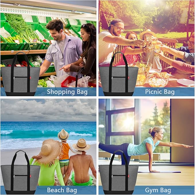 LHZK Jumbo Cooler Bag, Collapsible Leakproof Insulated Bag with Zipper & Handles, Soft Insulated Grocery Bags for Shopping, Travel, Beach, Picnic (50L, Grey)