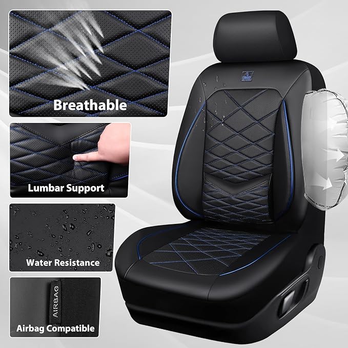 CAR PASS Luxury Nappa Leather Seat Covers Full Set, Water Resistant Faux Leather Seat Cover with Lumbar Support, Breathable Automotive Seat Covers Universal Fit for Sedan SUV Van Truck, Black Blue