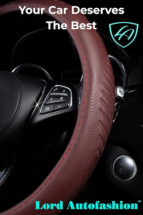 Lord Autofashion Steering Wheel Cover – PU Leather, Non-Slip Rubber Inner, All-Season Comfort – 14.5–15 Inch (Maroon 9356)