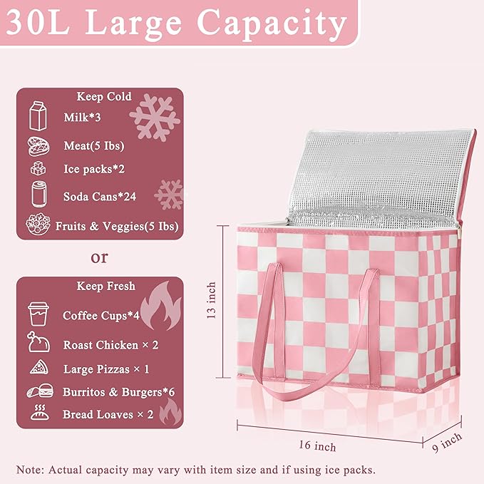 Checkered Insulated Grocery Bags 2 Pack, Checkerboard Cooler Shopping Bags for Groceries, Insulated Bags for Food Delivery