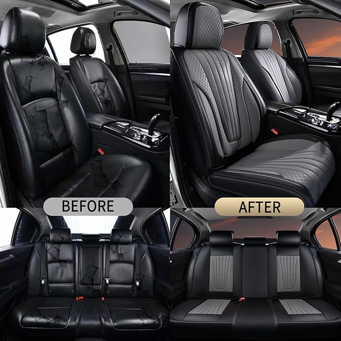 FLORICH Car Seat Covers, Premium Leatherette Car Seat Covers Full Set, Automotive Vehicle Seat Cushions Front Seats and Back, Waterproof Seat Protectors for Sedans Cars SUV Trucks, Black&Gray