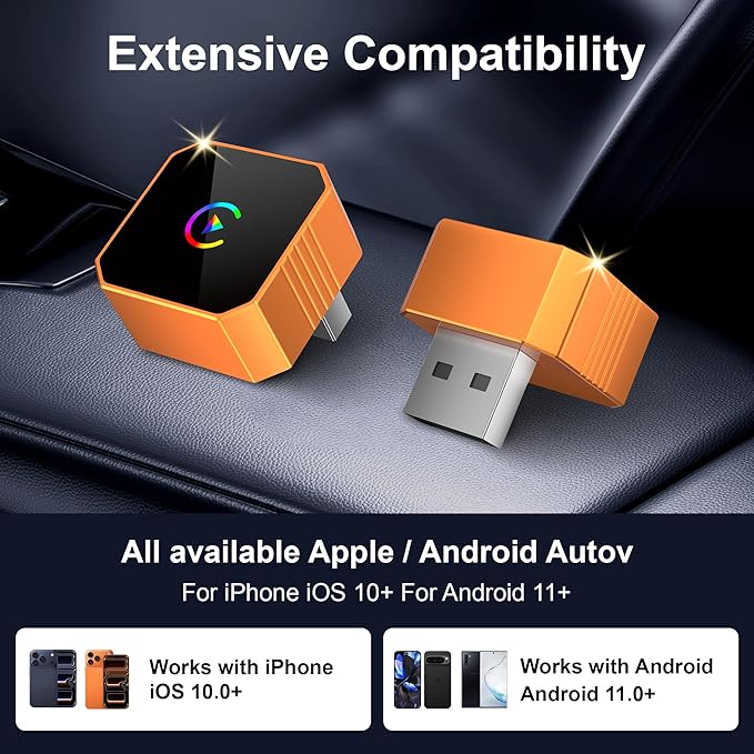 2026 Wireless CarPlay Adapter for iPhone & Android Wired to Wireless CarPlay & Android Auto Plug and Play Fast Auto Reconnect Stable Control Compatible for iOS 10+ & Android11+