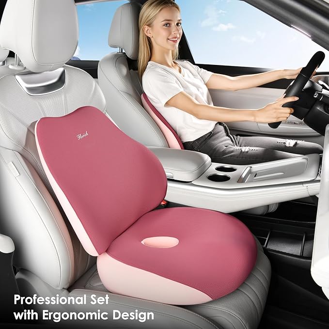 FLORICH Car Seat Cushion and Lumbar Support Pillow, Ergonomic Memory Foam Driving Seat Cushions for Back & Sciatica Pain Relief, Non-Slip Cushion for Car, Office, Truck, Wheelchair, Gaming Chair-Pink