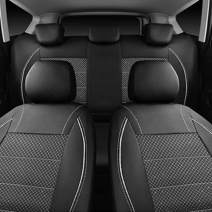 CAR PASS Piping PU Leather Car Seat Cover Full Set, Inside Zipper Design and Reserved Opening Holes, Airbag Compatible,Universal FIT for Car, SUVs,Van,Trucks(Full Set, Black & Silver