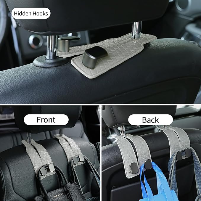 KINIVA Car Seat Headrest Storage Hooks, Set of 2, Suede PU Leather, Double Hooks (07-Grey)